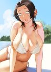  1girl :3 :d beach bikini black_eyes black_hair blue_sky breasts cleavage clouds collarbone constricted_pupils day eyebrows facing_viewer hair_intakes large_breasts legs_together looking_away looking_to_the_side narisokonai_(mmmikedaya) navel open_mouth original outdoors ribbon sand shadow short_hair side-tie_bikini sitting sky smile solo stomach swimsuit tongue white_bikini white_ribbon 