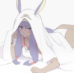 1girl ass bangs blush breasts closed_mouth collarbone commentary_request cosplay dark_skin earrings eyebrows_visible_through_hair facial_mark fate/grand_order fate_(series) hair_between_eyes hoop_earrings jackal_ears jewelry long_hair looking_at_viewer lying medium_breasts medjed medjed_(cosplay) mobu nitocris_(fate/grand_order) nitocris_(swimsuit_assassin)_(fate) on_stomach pendant purple_hair sidelocks solo swimsuit very_long_hair violet_eyes white_swimsuit 