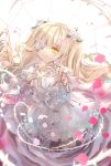  1girl bangs blonde_hair closed_mouth commentary_request dress eyebrows_visible_through_hair fingernails flower hair_between_eyes hair_flower hair_ornament head_tilt highres kirakishou long_hair looking_at_viewer outstretched_arm petals rose rozen_maiden sidelocks smile solo thorns very_long_hair white_dress white_flower white_rose yellow_eyes yumeichigo_alice 