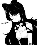  1girl abe_suke bare_shoulders blake_belladonna bow breasts character_name choker cleavage closed_mouth commentary_request greyscale hair_bow long_hair looking_at_viewer medium_breasts monochrome rwby sidelocks signature simple_background solo upper_body white_background 