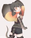  1girl artist_name back blush brown_hair frilled_lizard_(kemono_friends) gloves grey_background kemono_friends lizard_tail low_twintails open_mouth orange_eyes simple_background solo tail tatsuno_newo twintails upper_body 