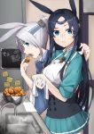  2girls :o animal_ears aqua_skirt azur_lane black_hair blue_eyes bowl breasts cloth corset cowboy_shot eating faucet food forehead_protector from_side glasses headband hiryuu_(azur_lane) holding holding_food indoors kitchen leaning_forward long_hair looking_at_viewer looking_to_the_side medium_breasts miniskirt multiple_girls note panties pleated_skirt ponytail profile rabbit_ears refrigerator rimless_eyewear round_eyewear short_sleeves side_glance silver_hair skirt souryuu_(azur_lane) standing tareme underwear washbowl water xiu_jiayihuizi 