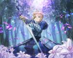  1girl ahoge armor armored_dress artoria_pendragon_(all) blonde_hair blue_dress dress excalibur fate/stay_night fate_(series) flower forest gauntlets green_eyes holding holding_sword holding_weapon kankito kneeling nature outdoors petals rain saber short_hair_with_long_locks sidelocks solo sword tree weapon white_flower 
