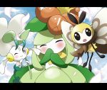  :o artist_request blue_sky blush clouds cloudy_sky commentary_request day floette flower letterboxed lilligant no_humans one_eye_closed petals pokemon pokemon_(creature) ribombee sky smile 