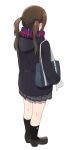  1girl bag brown_hair facing_away from_behind full_body gloves jacket loafers mattaku_mousuke original pleated_skirt scarf school_bag school_uniform shoes skirt solo twintails white_background 