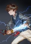  1boy 2018 artist_name brown_hair card_captor_sakura closed_mouth collared_shirt electricity fighting_stance glowing glowing_sword glowing_weapon gradient gradient_background grey_background grey_shirt highres holding holding_sword holding_weapon jane_mere legs_apart li_xiaolang long_sleeves male_focus pants profile serious shirt standing sweater_vest sword tassel weapon white_pants wing_collar 