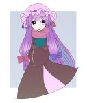  1girl abe_suke bangs blue_bow book bow brown_gloves dress eyebrows_visible_through_hair gloves hair_bow hat holding holding_book long_hair long_sleeves mob_cap open_mouth patchouli_knowledge purple_hair purple_hat red_bow solo touhou violet_eyes 