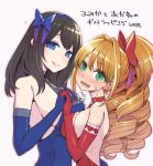  2girls backless_outfit bare_back bare_shoulders black_hair blonde_hair blue_bow blue_dress blue_eyes blue_gloves blush bow breast_press breasts choker closed_mouth commentary_request dress elbow_gloves eyebrows_visible_through_hair gloves green_eyes hair_bow hair_intakes hairband hanauna heart heart-shaped_pupils high_ponytail hino_akane_(idolmaster) idolmaster idolmaster_cinderella_girls interlocked_fingers large_breasts lips long_hair looking_at_viewer multiple_girls open-back_dress open_mouth ponytail red_bow red_choker red_dress red_gloves ringlets sagisawa_fumika simple_background smile symbol-shaped_pupils symmetrical_docking translation_request 