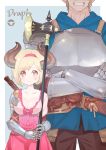  1boy 1girl axe bangs battle_axe belt blonde_hair blue_hoodie breastplate breasts brown_eyes brown_hair brown_pants cleavage commentary_request crossed_arms djeeta_(granblue_fantasy) doraf dress fighter_(granblue_fantasy) gauntlets gran_(granblue_fantasy) granblue_fantasy grin hairband halberd head_out_of_frame height_difference highres holding holding_axe holding_weapon hood hoodie horns inuyama_riko juliet_sleeves large_breasts long_sleeves pants pink_dress pointy_ears polearm puffy_sleeves short_dress short_hair smile sweatdrop tagme weapon 