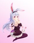  1girl absurdres ahoge animal_ears aura_kingdom bare_shoulders bunny_tail cookman full_body gift gradient gradient_background hairband hand_up highres long_hair looking_at_viewer no_shoes pink_background purple_legwear rabbit rabbit_ears sitting smile solo tail thigh-highs valentine violet_eyes white_hair 