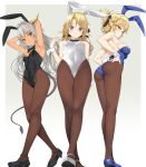  3girls aegis_(takunomi) animal_ears armpits ass bad_perspective bangs bare_arms bare_shoulders black_bow black_legwear black_leotard black_neckwear blonde_hair blue_eyes blue_footwear blue_leotard bow bowtie breasts brown_eyes brown_legwear bunny_girl bunny_tail bunnysuit crossed_arms curvy dark_skin detached_collar dragon_girl elf eyebrows_visible_through_hair fake_animal_ears from_behind from_below full_body gradient gradient_background green_eyes grey_background hair_intakes hand_on_hip highleg highleg_leotard highres hips iris_(takunomi) leotard long_hair long_legs looking_at_viewer looking_back medium_breasts multiple_girls original outside_border pantyhose pointy_ears pov rabbit_ears shiny shiny_hair shoes sideboob silver_hair simple_background small_breasts smile standing swept_bangs tail takunomi thick_thighs thighs ursula_(takunomi) white_background white_footwear white_leotard wrist_cuffs 
