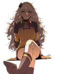  1girl arm_support bangs bike_shorts black_gloves blonde_hair breasts brown_legwear crosse_legs eyebrows_visible_through_hair foot_up girls_frontline gloves green_eyes hair_between_eyes hair_ornament hairband kneehighs long_hair looking_at_viewer messy_hair mulitcolored-neckwear neckerchief no_shoes parted_lips pleated_skirt s.a.t.8_(girls_frontline) sidelocks signature simple_background sitting skirt sleeves_folded_up smile smirk solo sungwon thighs very_long_hair white_background 