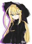  1girl abe_suke ahoge bangs black_hat blonde_hair closed_mouth commentary_request eyebrows_visible_through_hair green_eyes hair_between_eyes hat long_hair looking_at_viewer original sidelocks signature simple_background solo upper_body white_background 