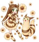  1girl :d animal_ears brown brown_dress brown_hair dress eyelashes facial_mark fake_animal_ears floral_background furret green_hair hand_holding long_hair moemon open_mouth personification pokemon pokemon_(creature) pokemon_(game) pokemon_gsc shoes smile socks straight_hair transparent_background 