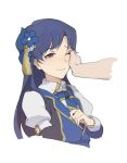  1girl blue_hair bow bowtie brown_eyes closed_mouth crying crying_with_eyes_open flower hair_flower hair_ornament idolmaster kisaragi_chihaya nanaseki7 one_eye_closed puffy_short_sleeves puffy_sleeves short_sleeves simple_background smile solo_focus tears upper_body white_background 