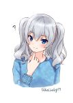  1girl ? alternate_costume blue_eyes blue_sweater commentary_request hoshino_kagari kantai_collection kashima_(kantai_collection) looking_at_viewer pointing silver_hair simple_background smile solo sweater tsurime twintails twitter_username wavy_hair white_background 