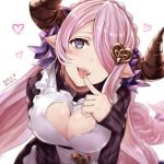  1girl apron black_sweater blue_eyes blush bow braid breasts cleavage cleavage_cutout dated doraf finger_to_mouth frills granblue_fantasy hair_bow hair_ornament hair_over_one_eye heart heart-shaped_pupils heart_cutout heart_hair_ornament horns large_breasts lavender_hair long_hair looking_at_viewer low_tied_hair nabeshima_tetsuhiro narumeia_(granblue_fantasy) open_mouth pointy_ears ribbed_sweater simple_background single_braid solo sweater symbol-shaped_pupils teeth tongue tongue_out turtleneck turtleneck_sweater twitter_username white_background 