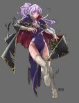  1girl absurdres bangle belly_chain black_cape book boots bracelet breasts bridal_gauntlets cape choker cleavage collar cuts damaged daniel_deng dress earrings elbow_gloves fire_emblem fire_emblem:_seisen_no_keifu fire_emblem:_thracia_776 fire_emblem_heroes gem gloves grey_background high_heel_boots high_heels highres holding holding_book injury ishtar_(fire_emblem) jewelry large_breasts lavender_hair lips parody ponytail purple_dress shoulder_pads side_ponytail side_slit sidelocks solo teeth thigh-highs thigh_boots thighs torn_boots torn_cape torn_clothes torn_dress torn_gloves violet_eyes white_footwear white_gloves 