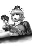  1girl cake food greyscale hat long_sleeves looking_at_viewer monochrome short_hair soga_no_tojiko solo tate_eboshi touhou yuugatou_(yuuzutu) 