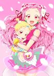  2girls :d :o baby blonde_hair cowboy_shot cure_yell double_bun earrings flower hair_flower hair_ornament hair_ribbon heart_hair_ornament hug-tan_(precure) hugtto!_precure jewelry layered_skirt long_hair looking_at_viewer magical_girl midriff multiple_girls navel nono_hana open_mouth petals pink_background pink_hair pink_shirt pink_skirt precure red_eyes red_ribbon ribbon shirt short_hair short_twintails simple_background skirt sleeveless sleeveless_shirt smile twintails wrist_cuffs yuto_(dialique) 