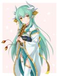  1girl blush eyebrows_visible_through_hair fate/grand_order fate_(series) green_hair hair_between_eyes head_tilt highres holding horns japanese_clothes kimono kiyohime_(fate/grand_order) long_hair looking_at_viewer obi sash smile solo standing thigh-highs very_long_hair white_legwear yellow_eyes yoriha_yashiro 