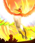  1boy baseball_cap cosmo_(465lilia) feathers flying glowing hat highres ho-oh looking_up pikachu pokemon pokemon_(anime) pokemon_(creature) realistic satoshi_(pokemon) short_hair silhouette 