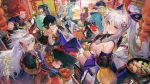  abe_no_seimei_(onmyoji) alcohol animal_ears breasts character_request copyright_request cup detached_sleeves food fox_ears highres ibaraki_(onmyoji) japanese_clothes kimono kusuriuri_(mononoke) liduke mononoke obi onmyoji onmyouji pointy_ears ponytail sakazuki sake sash sideboob sushi white_hair ying_grass 