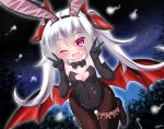  1girl ;d animal_ears azur_lane bangs bare_shoulders bat_wings black_footwear black_gloves black_legwear black_leotard black_neckwear black_ribbon blush bow bowtie breasts bunny_girl bunnysuit cleavage cleavage_cutout collarbone commentary_request detached_collar double_v dutch_angle elbow_gloves eyebrows_visible_through_hair fang gloves hair_between_eyes hair_ribbon heart_cutout hitodama kanijiru leg_garter leotard long_hair looking_at_viewer low_wings medium_breasts night night_sky one_eye_closed open_mouth outdoors pantyhose rabbit_ears red_ribbon red_wings ribbon shoes signature silver_hair sky smile solo star_(sky) starry_sky strapless strapless_leotard twintails v vampire_(azur_lane) very_long_hair violet_eyes wings 