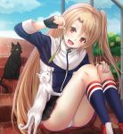  1girl absurdres artist_request azur_lane black_gloves blonde_hair blue_eyes blue_sky blush cat cleveland_(azur_lane) clouds cloudy_sky commentary_request day fang fingerless_gloves gloves highres long_hair open_mouth panties pantyshot pantyshot_(sitting) pleated_skirt red_eyes sitting skirt sky underwear white_panties yellow_eyes 