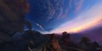  absurdres blurry clouds dark depth_of_field doujiang_rr fisheye highres horizon horse mountain no_humans path pov reins road scenery signature sky spice_and_wolf sunrise tree 