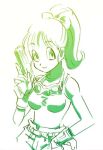  1girl bare_arms belt breasts bulma commentary_request dragon_ball eyebrows_visible_through_hair gloves goggles green gun hair_ribbon hand_on_hip happy lowres monochrome pants ponytail ribbon simple_background sleeveless smile solo_focus weapon white white_background 