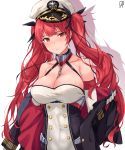  1girl absurdres azur_lane bangs between_breasts black_ribbon blush breasts buttons chains choker cleavage collarbone dress elbow_gloves eyebrows_visible_through_hair gloves hair_ribbon hat highres holding_jacket honolulu_(azur_lane) jacket large_breasts long_hair looking_at_viewer off_shoulder peaked_cap red_eyes redhead ribbon rigging sidelocks simple_background sirurabbit smile solo sweat tight_dress twintails underbust white_gloves 