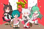  4girls animal_ears bamboo_broom black_legwear blush_stickers broom brown_hair capelet closed_mouth collared_shirt commentary_request confetti curly_hair dog_ears dress eyebrows_visible_through_hair full_body geta green_eyes green_hair highres holding holding_broom horn imaizumi_kagerou inubashiri_momiji kariyushi_shirt kasodani_kyouko komano_aun leaf long_hair long_sleeves maple_leaf multicolored multicolored_clothes multicolored_dress multicolored_shorts multicolored_skirt multiple_girls music open_mouth outstretched_arms paw_pose pom_pom_(clothes) red_eyes red_footwear shadow sheath shield shirt shoes short_hair short_sleeves shorts singing skirt smile spread_arms standing standing_on_one_leg strap sword tanpo_no_naka touhou turtleneck weapon white_hair white_legwear white_shirt wide_sleeves wolf_ears year_of_the_dog 