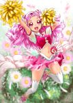  1girl :d bow cure_yell double_bun flower full_body hair_flower hair_ornament hair_ribbon happy heart_hair_ornament highres hugtto!_precure layered_skirt lewis_mclaren long_hair looking_at_viewer magical_girl midriff nono_hana open_mouth panties petals pink_eyes pink_footwear pink_hair pink_panties pink_shirt pink_skirt pom_poms precure red_ribbon ribbon shiny shiny_skin shirt shoes skirt sleeveless sleeveless_shirt smile solo thigh-highs underwear white_bow white_legwear 