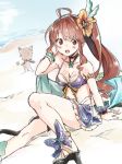  1girl ahoge beach bikini_skirt bracelet breasts brown_eyes brown_hair diantha_(granblue_fantasy) flower granblue_fantasy hair_flower hair_ornament high_heels jewelry medium_breasts open_mouth sawayaka_samehada side_ponytail sitting vee_(granblue_fantasy) 