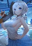  1girl ak-47 antenna_hair assault_rifle bangs bare_shoulders blue_eyes blue_skirt blush breasts closed_mouth clouds cloudy_sky commentary_request dennou_shoujo_youtuber_shiro fingernails gun hair_between_eyes hand_on_hip heart hinako_(anzu15) holding holding_gun holding_weapon looking_at_viewer medium_breasts outdoors ribbed_sweater rifle shiro_(dennou_shoujo_youtuber_shiro) sideboob silver_hair skirt sky smile solo sweater weapon white_sweater 