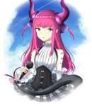 1girl bangs bare_shoulders blue_eyes blue_sky breasts clouds commentary_request curled_horns detached_sleeves dragon_girl dragon_horns dragon_tail elizabeth_bathory_(fate) elizabeth_bathory_(fate)_(all) eyebrows_visible_through_hair fate/extra fate_(series) grey_skirt hair_ribbon holding holding_microphone horns long_hair long_sleeves looking_at_viewer microphone parted_lips pink_hair plaid plaid_skirt purple_ribbon ribbon rocm_(nkkf3785) shirt sidelocks skirt sky sleeveless sleeveless_shirt small_breasts solo tail tail_bow underbust white_shirt