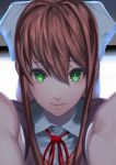  1girl bangs bow brown_hair doki_doki_literature_club eyebrows_visible_through_hair foreshortening green_eyes hair_bow long_hair looking_at_viewer monika_(doki_doki_literature_club) monitor odakojirou outstretched_arms ponytail school_uniform screen_light sidelocks smile solo through_screen 