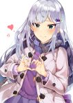  1girl absurdres bangs blue_eyes coat duffel_coat fingernails grey_coat hair_ornament hairclip heart heart_hands highres idolmaster idolmaster_million_live! long_hair long_sleeves looking_at_viewer open_clothes open_coat plaid plaid_scarf purple_scarf purple_sweater raised_eyebrows scarf shiny shiny_hair shiraishi_tsumugi silver_hair simple_background solo sweatdrop tsurime tuxedo_de_cat upper_body very_long_hair white_background winter_clothes 