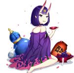  1girl :d bangs bare_shoulders barefoot blush breasts cup fate/grand_order fate_(series) food fruit gourd grapes hair_ornament holding horns lantern looking_at_viewer looking_to_the_side off_shoulder oni oni_horns open_mouth paper_lantern petals pointy_ears purple_hair rocm_(nkkf3785) sakazuki shide short_hair shuten_douji_(fate/grand_order) simple_background sitting small_breasts smile solo violet_eyes wariza white_background 