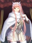 1girl bangs blurry blurry_background cloak closed_mouth commentary_request contrapposto detached_sleeves dress eyebrows_visible_through_hair fate/grand_order fate_(series) fur-trimmed_cloak fur-trimmed_legwear fur_collar fur_trim gloves hand_on_hip hand_on_own_chest hand_up highres kotera_ryou long_hair looking_at_viewer medb_(fate/grand_order) one_eye_closed pink_hair short_dress sidelocks smile solo standing thigh-highs tiara very_long_hair white_cloak white_dress white_gloves white_legwear yellow_eyes 