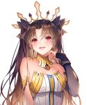  1girl :d armlet bare_shoulders black_hair blush breasts cleavage commentary crown earrings ells fate/grand_order fate_(series) hair_ribbon highres ishtar_(fate/grand_order) jewelry long_hair looking_at_viewer medium_breasts open_mouth red_eyes ribbon single_detached_sleeve smile solo two_side_up 