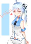  1girl :3 absurdres bili_girl_33 bilibili_douga blue_hair blush breasts closed_mouth cmath collarbone copyright_name eyebrows_visible_through_hair hair_ornament heart highres looking_at_viewer medium_breasts medium_hair red_eyes side_ponytail sleeveless smile solo 