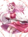  1girl bangs bare_legs blunt_bangs blurry bow claws demon_girl depth_of_field eyebrows_visible_through_hair gigamessy hair_bow holding japanese_clothes kimono leg_up long_hair long_sleeves looking_at_viewer oni original pink_hair pink_kimono pointy_ears red_bow red_eyes sash solo standing standing_on_one_leg thick_eyebrows wide_sleeves 