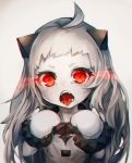  1girl ahoge glowing glowing_eyes horns kajaneko kantai_collection long_hair looking_at_viewer mittens northern_ocean_hime open_mouth pale_skin red_eyes shinkaisei-kan simple_background solo tongue tongue_out upper_body white_hair 