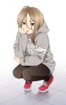  1girl black_eyes blonde_hair chin_rest hair_between_eyes hood hoodie looking_at_viewer mattaku_mousuke original pantyhose short_shorts shorts solo squatting 