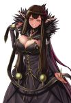  1girl arisku black_hair breasts bridal_gauntlets cleavage elbow_gloves fate/apocrypha fate_(series) fur_trim gloves grin highres huge_breasts long_hair looking_at_viewer pointy_ears semiramis_(fate) smile solo spikes very_long_hair yellow_eyes 
