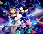  2girls absurdres animal_ears arms_up bangs bare_shoulders black_gloves blue_hair blush boots character_name choker commentary eyebrows_visible_through_hair fingerless_gloves floating_hair frills gloves grey_hair headset highres jumping long_hair looking_at_viewer love_live! love_live!_school_idol_festival love_live!_school_idol_project microphone minami_kotori multiple_girls one_side_up open_mouth outstretched_arms rabbit_ears sd_pink skirt sleeveless smile sonoda_umi yellow_eyes 