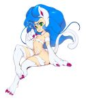  1girl absurdres animal_ears blue_hair breasts cat_ears cat_tail claws felicia full_body fur green_eyes highres long_hair looking_away navel simple_background sitting slugbox small_breasts smile solo tail vampire_(game) white_background 