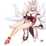  1girl 3gs absurdres ahoge albino animal_ears anklet ara_han ara_han_(celestial_fox) bare_legs barefoot bell black_gloves breasts cleavage closed_mouth detached_sleeves elsword facial_mark fox_ears fox_tail full_body gloves highres huge_breasts jewelry legs long_hair looking_at_viewer multiple_tails partly_fingerless_gloves red_eyes shiva_(elsword) signature simple_background solo tail white_background white_hair 